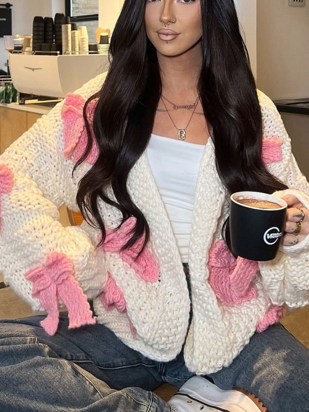 Bow Chunky KnitCardigan - Pink/combo